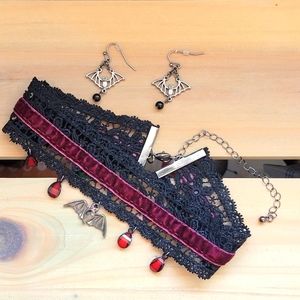 Cute Goth Bat Choker with Red Eyes and Dangly Earring Set